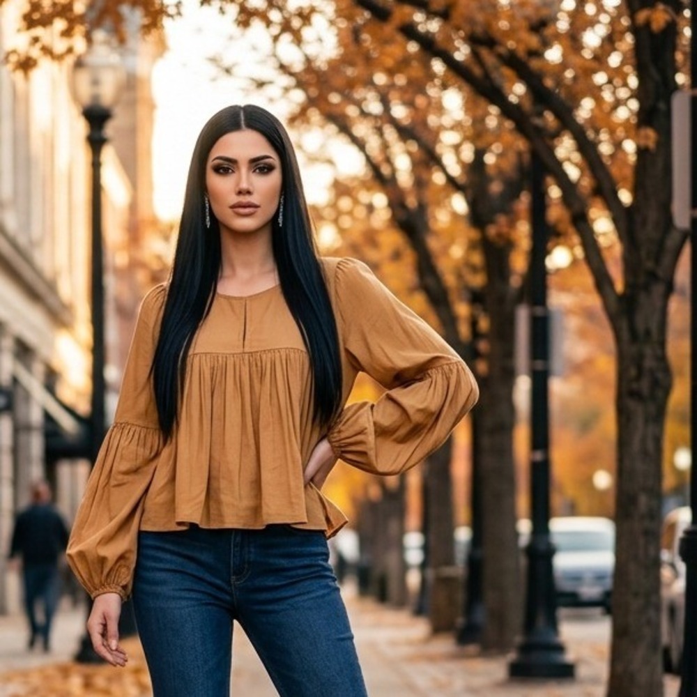 Oversized Sleeve Flowy Peasant Top Camel Brown Pleated Fall Bohemian Hippie Sz S